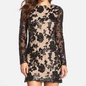 Dress the Population Grace Long Sleeve Sequin Lace Mini Dress Small Black Tan